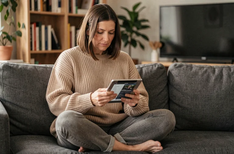 Femme dans la quarantaine qui consulte un guide TV sur tablette, assise confortablement dans son salon pour choisir son programme idéal