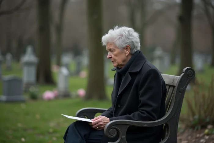 Femme assise sur un banc de parc dans un cimetière en pleine nature