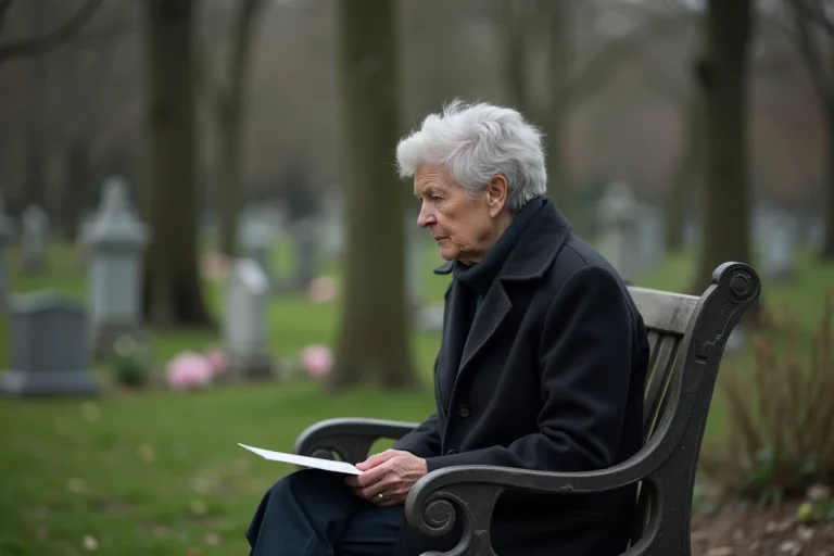 Femme assise sur un banc de parc dans un cimetière en pleine nature