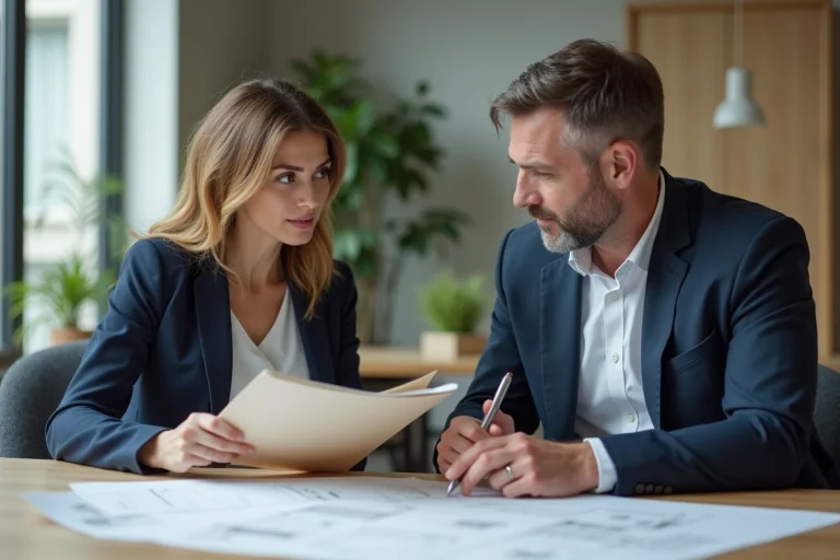Femme confiante discutant plans immobiliers avec expert