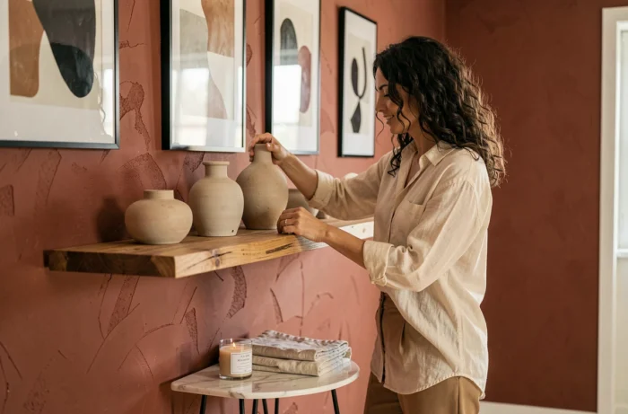 Femme arrangeant des objets décoratifs en céramique sur une étagère murale dans un intérieur contemporain aux tons chauds