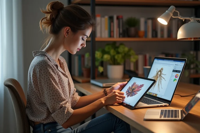 Jeune femme explorant l'art numérique sur une tablette à la maison