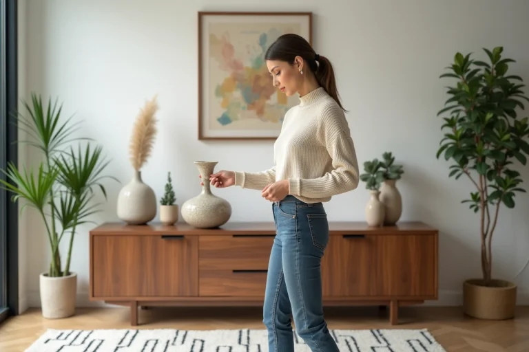 Femme élégante arrangeant un vase en céramique dans un intérieur moderne