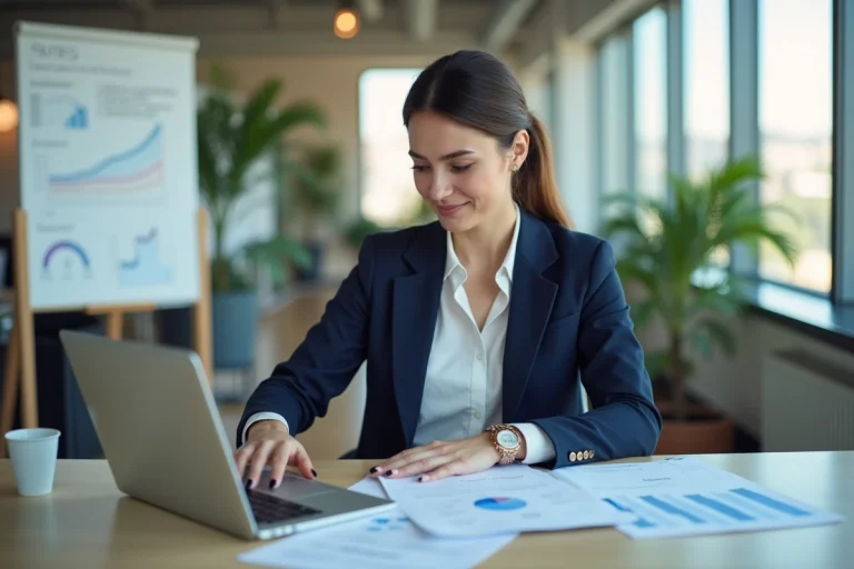 Femme entrepreneur analysant des documents financiers dans un bureau moderne pour développer son patrimoine