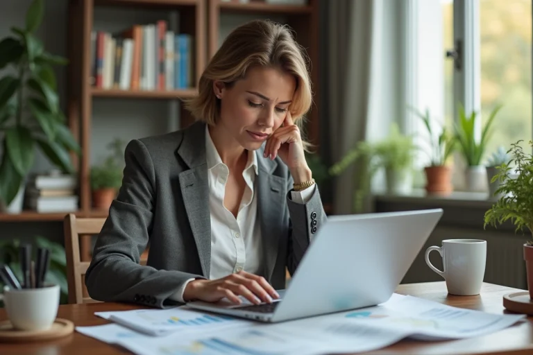 Femme d'âge moyen analysant des graphiques financiers à son bureau