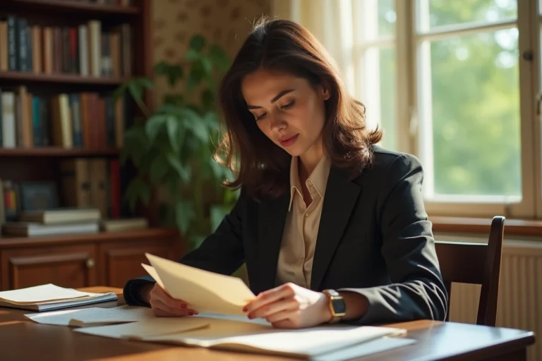 Femme lisant une lettre dans un bureau vintage lumineux