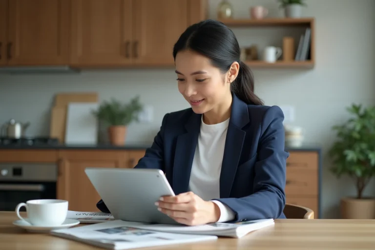 Femme lisant les actualites sur une tablette dans la cuisine