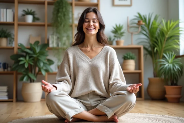 Femme méditant dans un salon lumineux et cosy