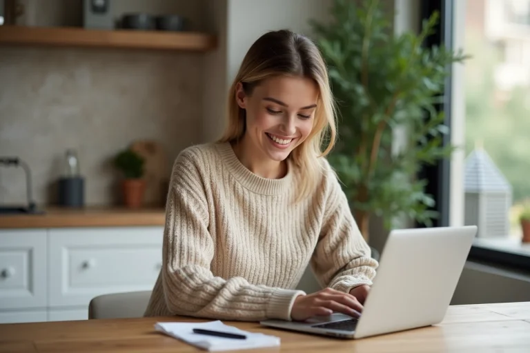 Jeune femme créant un email sur son ordinateur dans une cuisine lumineuse