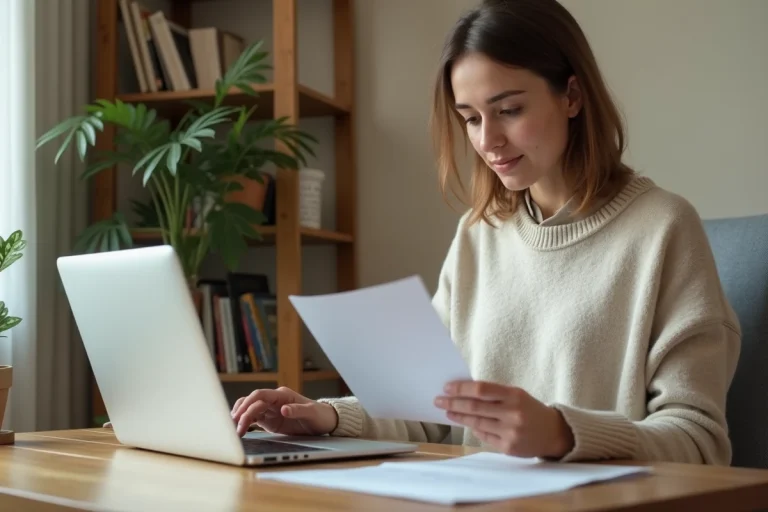 Femme assise à son bureau regardant un ordinateur et une lettre