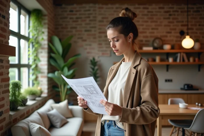 Femme examinant un plan de renovation dans un intérieur moderne