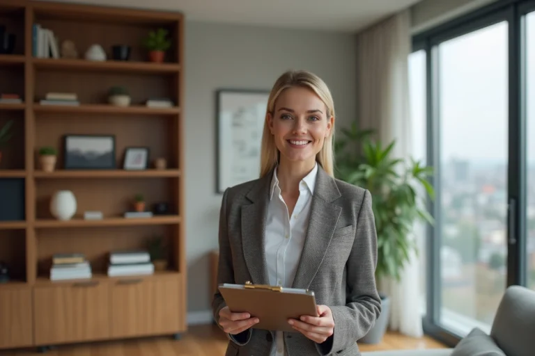 Femme professionnelle souriante dans un appartement moderne