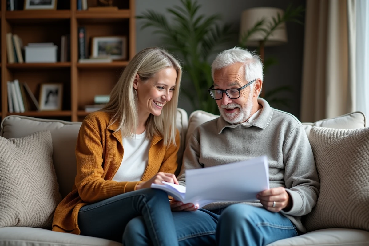 Jeune femme rassurant ses parents sur des documents d