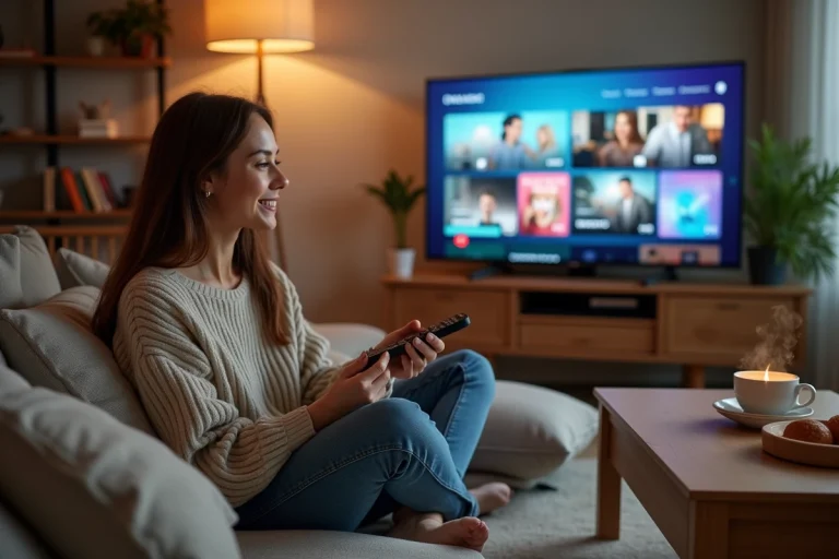 Jeune femme détendue regardant la télévision connectée