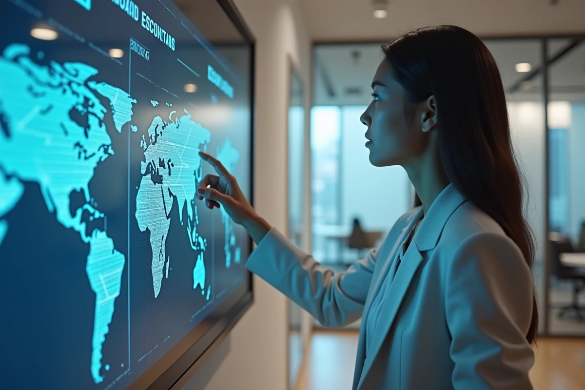 Jeune femme en réunion avec tableau de sécurité digitale