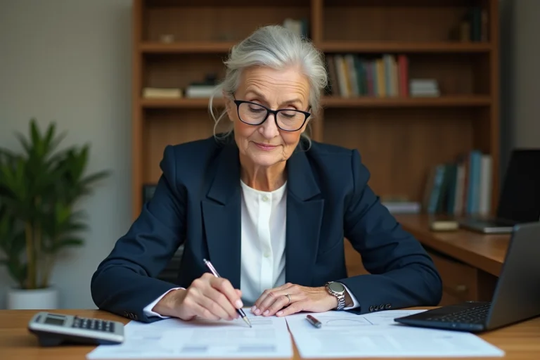 Femme senior en blazer marine révisant des documents de calcul du solde de tout compte à la retraite sur un bureau en bois