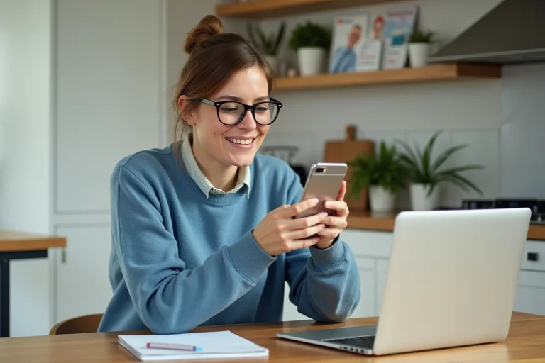 Femme utilisant son smartphone dans une cuisine lumineuse