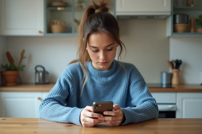 Jeune femme en cuisine regardant son smartphone