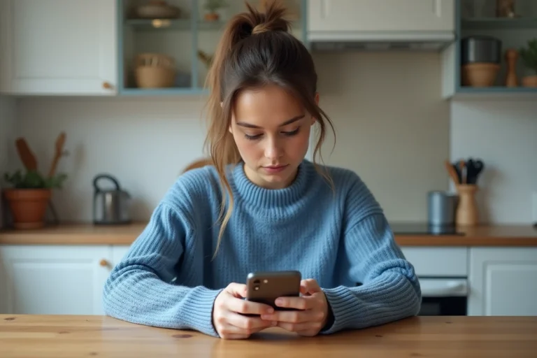 Jeune femme en cuisine regardant son smartphone