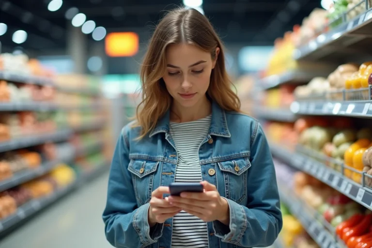 Femme en denim dans un supermarche moderne