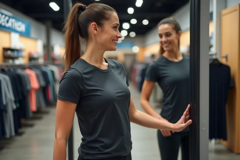 Femme sportive souriante ajustant sa posture devant un miroir