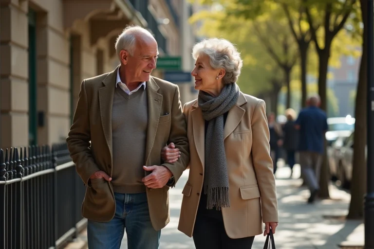 Femme en blazer soutenant un homme âgé dans la ville