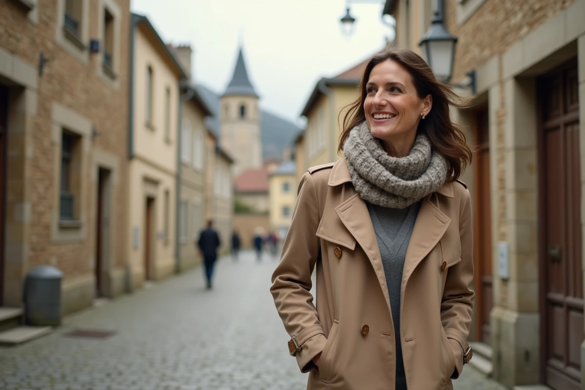 Femme en trench dans un village français historique