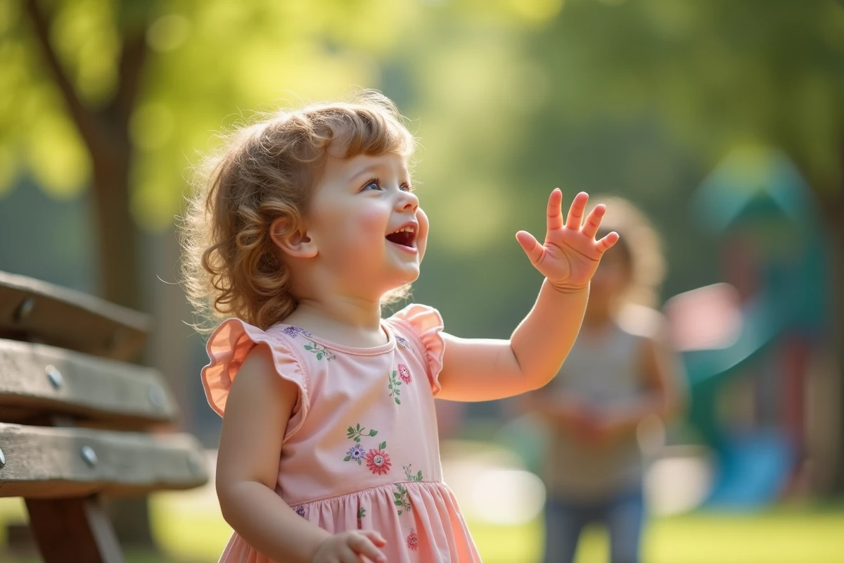 Fille de 20 mois souriante avec sa mère dans un parc ensoleille