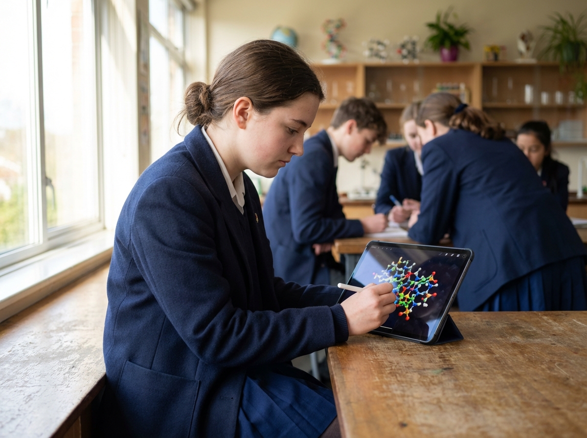 Jeune fille en uniforme regardant un modèle moléculaire sur tablette