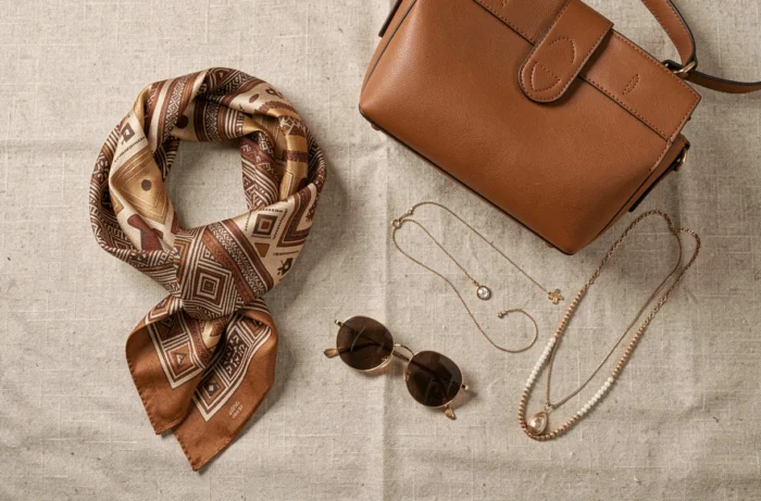 Flat lay d'accessoires de mode tendance incluant un sac en cuir cognac, un foulard en soie et des bijoux dorés sur lin