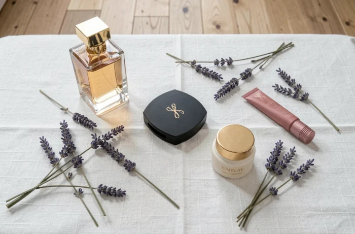 Flat lay de cosmétiques de luxe soigneusement disposés sur lin blanc, incluant parfum, compact et crème visage haut de gamme
