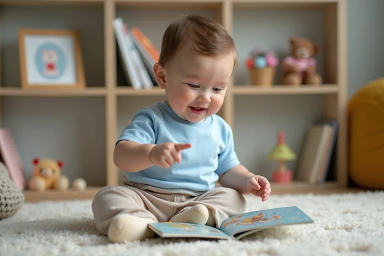 Garçon de 20 mois pointant un livre dans un salon chaleureux