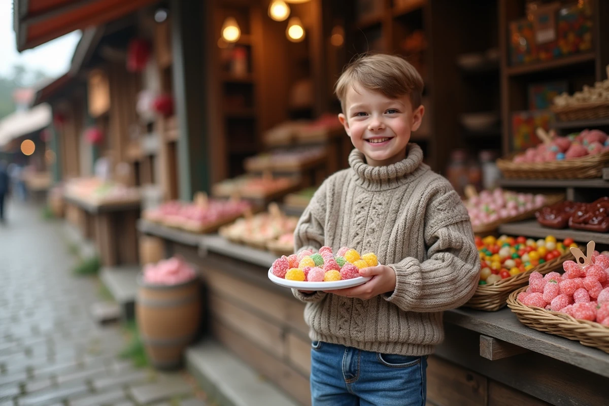 Jeune garçon tenant un plateau de bonbons colorés au marché