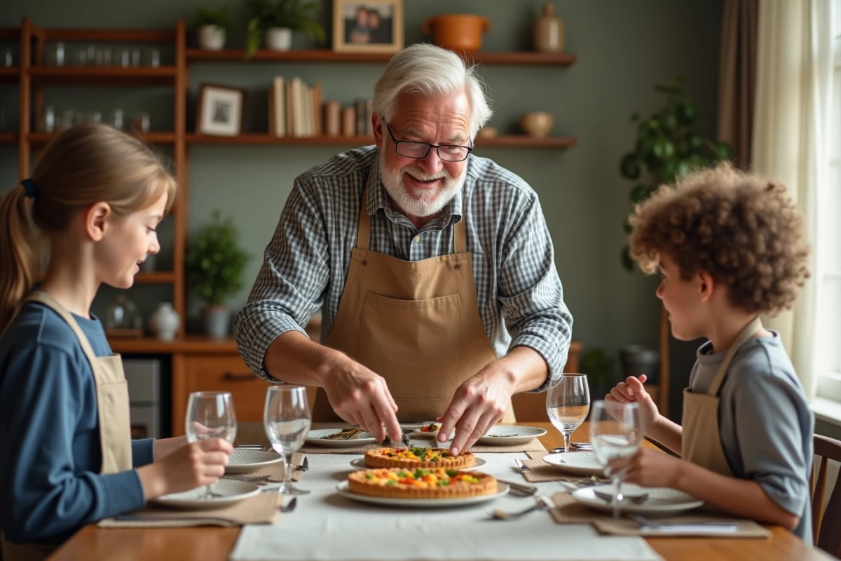 Grand-père servant une tarte aux légumes avec deux adolescents à la table