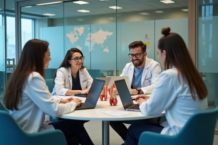 Groupe d'étudiants en médecine de différentes nationalités en session de révision collaborative dans une salle d'étude universitaire
