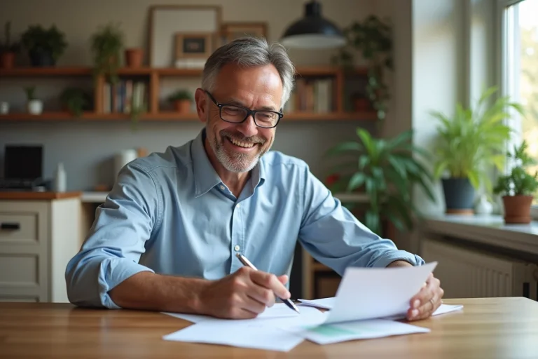 Homme d'affaires souriant lit des documents immobiliers