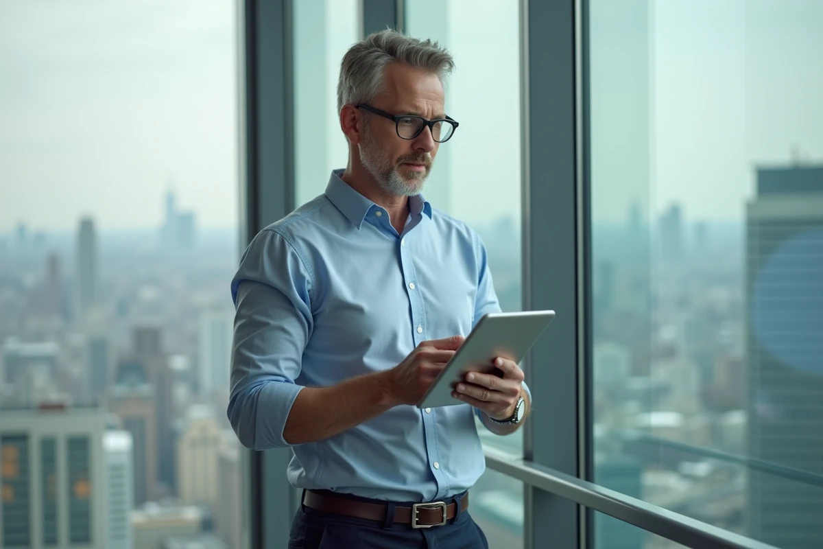 Homme d affaires regardant son tablet avec vue sur la ville