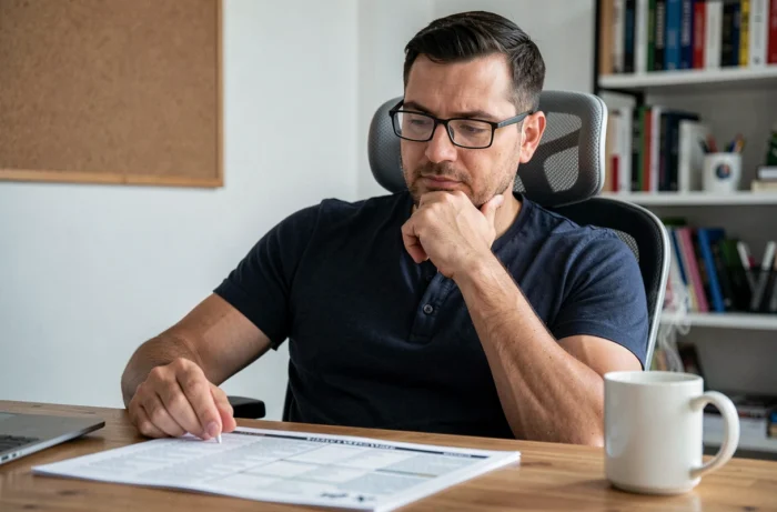 Homme avec lunettes qui analyse un programme TV imprimé dans son bureau à domicile, cherchant les meilleures émissions selon ses préférences