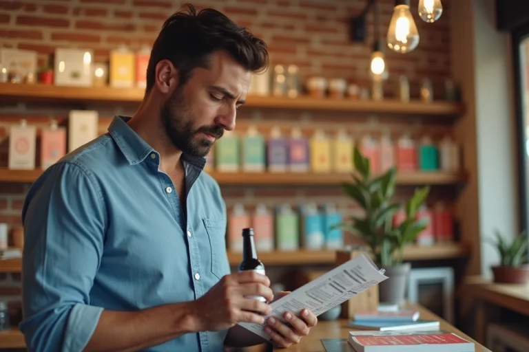 Homme en boutique espagnole tenant une bouteille de poppers
