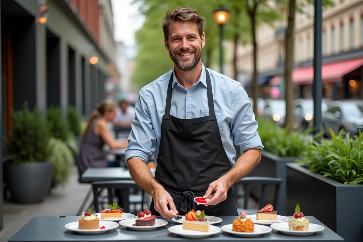 Homme arrangeant des desserts sur une terrasse de café moderne