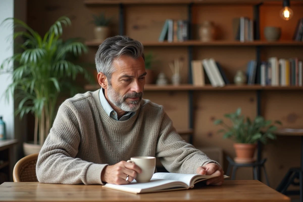 Homme lisant au café avec vêtements en lin et ambiance écologique