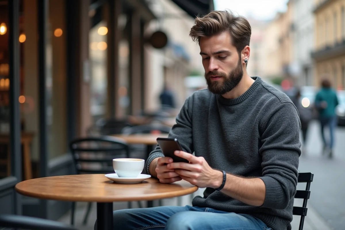 Homme au cafe en ville avec smartphone