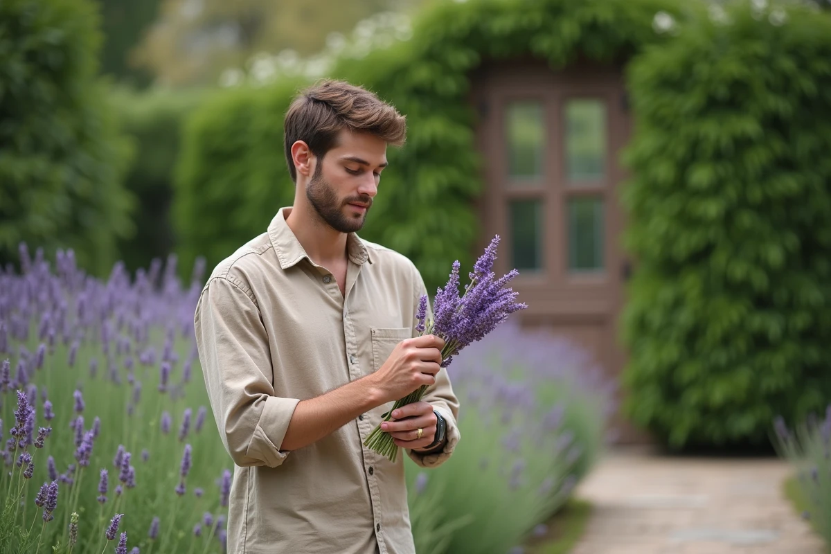 Jeune homme cueillant de la lavande dans un jardin