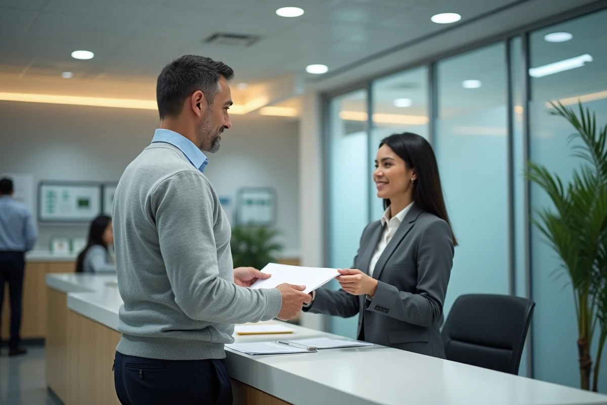 Homme remettant papiers à la réception dans un bureau moderne
