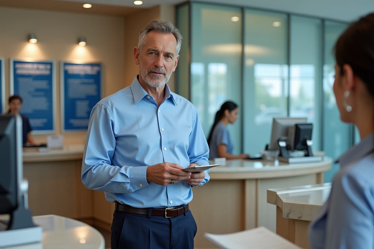 Homme au guichet postal parlant avec un agent de banque
