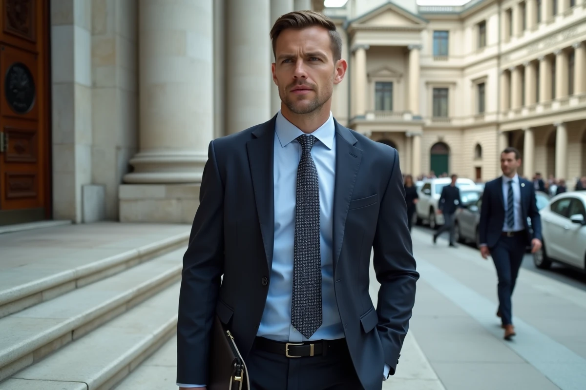 Homme en costume sortant du tribunal en ville