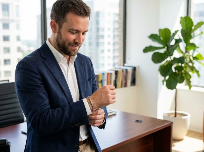 Homme élégant ajustant son bracelet dans un bureau moderne