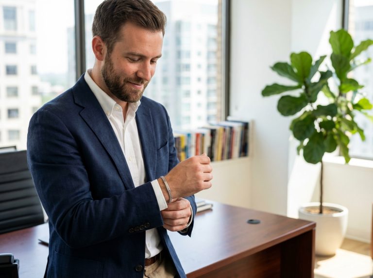 Homme élégant ajustant son bracelet dans un bureau moderne