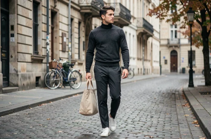 Jeune homme stylé marchant dans une rue pavée européenne en tenue mode automnale avec sac en toile structuré