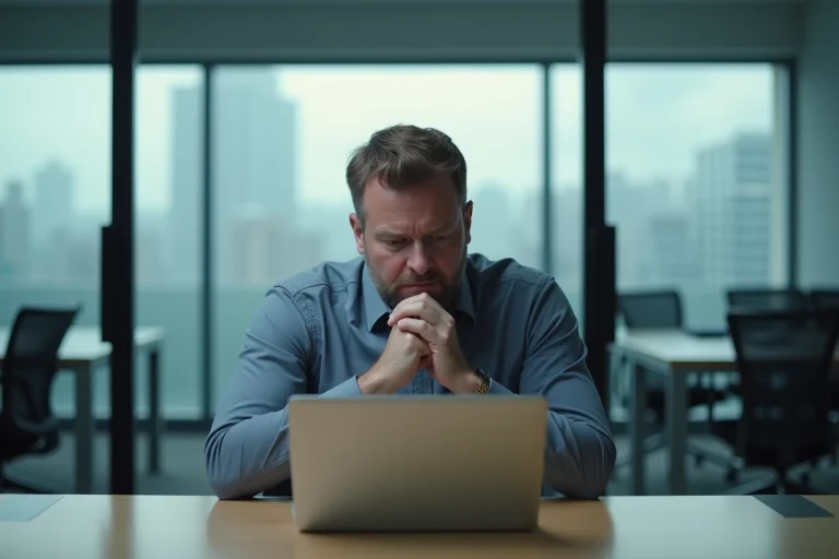Homme d'âge moyen pensif au bureau moderne